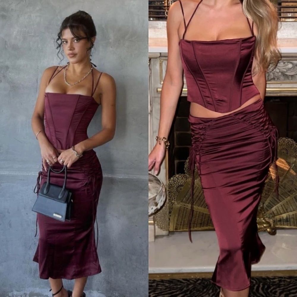 NWT House of Cb Sidonie Satin Midi Wine Red Skirt Lace Size M